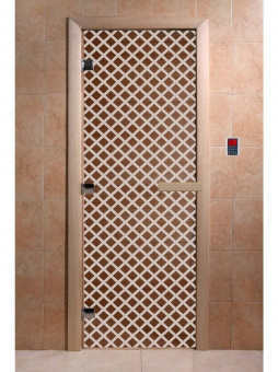 Стеклянная дверь для бани и сауны с рисунком МИРАЖ, коробка осина, бронза, 8 мм, 3 петли хром, квадратные 1800х800 мм (по коробке) фотография