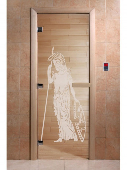 Стеклянная дверь для бани и сауны с рисунком РИМ, коробка осина, прозрачная, 8 мм, 3 петли хром, квадратные 1800х800 мм (по коробке) фотография
