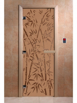 Стеклянная дверь для бани и сауны с рисунком БАМБУК И БАБОЧКИ, коробка осина, бронза матовая, 8 мм, 3 петли хром, квадратные 1900х800 мм (по коробке) фотография