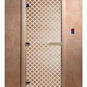 Стеклянная дверь для бани и сауны с рисунком МИРАЖ, коробка осина, прозрачная, 8 мм, 3 петли хром, квадратные 1800х800 мм (по коробке) фото товара