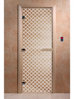 Стеклянная дверь для бани и сауны с рисунком МИРАЖ, коробка осина, прозрачная, 8 мм, 3 петли хром, квадратные 1800х800 мм (по коробке) фотография