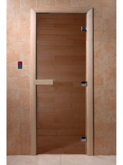Дверь для сауны и бани стеклянная, короб осина, бронза, 8 мм, 3 петли хром квадратные, 2100х900 мм (по коробке) фотография