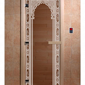 Стеклянная дверь для бани и сауны с рисунком ВОСТОЧНАЯ АРКА, коробка осина, бронза, 8 мм, 3 петли хром, квадратные 2000х800 мм (по коробке) фото товара