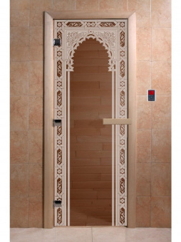 Стеклянная дверь для бани и сауны с рисунком ВОСТОЧНАЯ АРКА, коробка осина, бронза, 8 мм, 3 петли хром, квадратные 2000х800 мм (по коробке) фотография