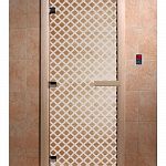 Стеклянная дверь для бани и сауны с рисунком МИРАЖ, коробка осина, прозрачная, 8 мм, 3 петли хром, квадратные 1900х700 мм (по коробке) фото товара