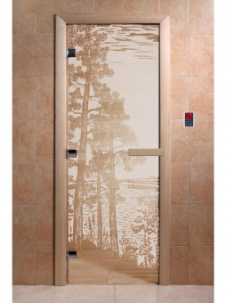 Стеклянная дверь для бани и сауны с рисунком РАССВЕТ, коробка осина, сатин, 8 мм, 3 петли хром, квадратные 1800х800 мм (по коробке) фотография