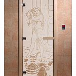 Стеклянная дверь для бани и сауны с рисунком ДЖЕНИФЕР, коробка осина, сатин, 8 мм, 3 петли хром, квадратные 2000х800 мм (по коробке) фото товара