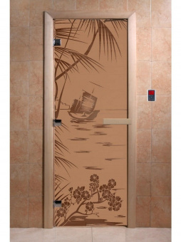 Стеклянная дверь для бани и сауны с рисунком ГОЛУБАЯ ЛАГУНА, коробка осина, бронза матовая, 8 мм, 3 петли хром, квадратные 2000х800 мм (по коробке) фотография