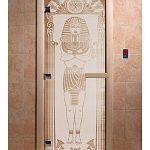 Стеклянная дверь для бани и сауны с рисунком ЕГИПЕТ, коробка осина, сатин, 8 мм, 3 петли хром, квадратные 1800х800 мм (по коробке) фото товара