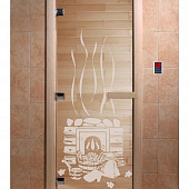 Стеклянная дверь для бани и сауны с рисунком БАНЬКА, коробка осина, прозрачная, 8 мм, 3 петли хром, квадратные 2000х800 мм (по коробке) фото товара