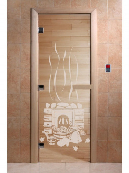 Стеклянная дверь для бани и сауны с рисунком БАНЬКА, коробка осина, прозрачная, 8 мм, 3 петли хром, квадратные 2000х800 мм (по коробке) фотография