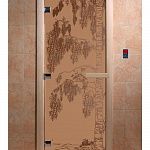 Стеклянная дверь для бани и сауны с рисунком БЕРЕЗА, коробка осина, бронза матовая, 8 мм, 3 петли хром, квадратные 1900х800 мм (по коробке) фото товара