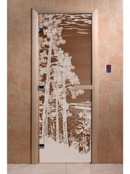 Стеклянная дверь для бани и сауны с рисунком РАССВЕТ, коробка осина, бронза, 8 мм, 3 петли хром, квадратные 1800х800 мм (по коробке) фотография