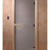 Дверь для сауны и бани стеклянная, короб осина, сатин, 8 мм, 3 петли хром квадратные, 2100х900 мм (по коробке) фото товара