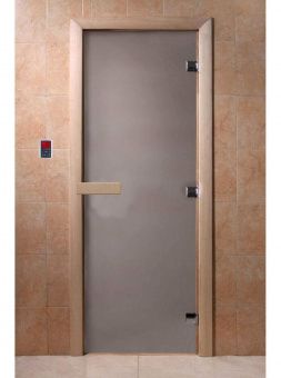 Дверь для сауны и бани стеклянная, короб осина, сатин, 8 мм, 3 петли хром квадратные, 2100х900 мм (по коробке) фотография