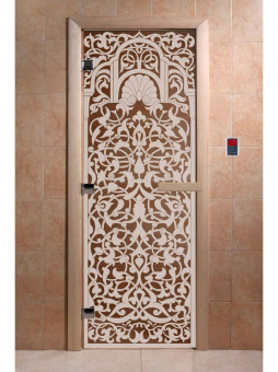 Стеклянная дверь для бани и сауны с рисунком ФЛОРЕНЦИЯ, коробка осина, бронза, 8 мм, 3 петли хром, квадратные 1800х800 мм (по коробке) фотография