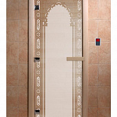 Стеклянная дверь для бани и сауны с рисунком ВОСТОЧНАЯ АРКА, коробка осина, сатин, 8 мм, 3 петли хром, квадратные 1800х800 мм (по коробке) фото товара
