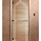 Стеклянная дверь для бани и сауны с рисунком АРКА, коробка осина, прозрачная, 8 мм, 3 петли хром, квадратные 2000х800 мм (по коробке) фото товара