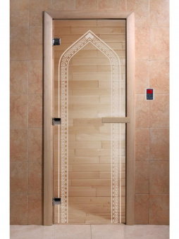 Стеклянная дверь для бани и сауны с рисунком АРКА, коробка осина, прозрачная, 8 мм, 3 петли хром, квадратные 2000х800 мм (по коробке) фотография
