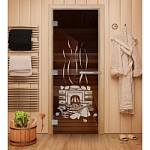 Стеклянная дверь для бани и сауны Эталон бронза матовая c рисунком "банька" 2000x800 мм (по коробке) фото товара