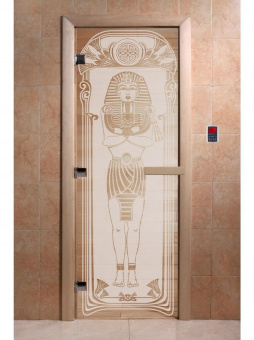 Стеклянная дверь для бани и сауны с рисунком ЕГИПЕТ, коробка осина, сатин, 8 мм, 3 петли хром, квадратные 1900х700 мм (по коробке) фотография