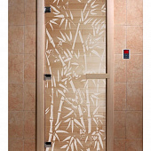 Стеклянная дверь для бани и сауны с рисунком БАМБУК И БАБОЧКИ, коробка осина, прозрачная, 8 мм, 3 петли хром, квадратные 1800х800 мм (по коробке) фото товара