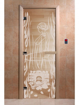 Стеклянная дверь для бани и сауны с рисунком ВОЛШЕБНЫЙ ПАР, коробка осина, прозрачная, 8 мм, 3 петли хром, квадратные 1800х800 мм (по коробке) фотография
