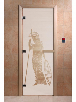 Стеклянная дверь для бани и сауны с рисунком РИМ, коробка осина, сатин, 8 мм, 3 петли хром, квадратные 1900х800 мм (по коробке) фотография