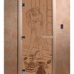 Стеклянная дверь для бани и сауны с рисунком ДЖЕНИФЕР, коробка осина, бронза матовая, 8 мм, 3 петли хром, квадратные 1900х700 мм (по коробке) фото товара