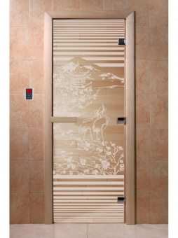 Стеклянная дверь для бани и сауны с рисунком "Япония", коробка осина, прозрачная, 8 мм, 3 петли хром, квадратные 1900х800 мм (по коробке) фотография