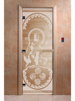 Стеклянная дверь для бани и сауны с рисунком ПОСЕЙДОН, коробка осина, прозрачная, 8 мм, 3 петли хром, квадратные 1900х700 мм (по коробке) фотография