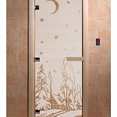 Стеклянная дверь для бани и сауны с рисунком ЗИМА, коробка осина, сатин, 8 мм, 3 петли хром, квадратные 1800х800 мм (по коробке) фото товара