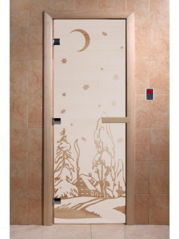Стеклянная дверь для бани и сауны с рисунком ЗИМА, коробка осина, сатин, 8 мм, 3 петли хром, квадратные 1800х800 мм (по коробке) фотография