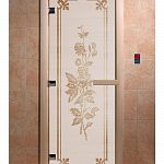 Стеклянная дверь для бани и сауны с рисунком РОЗЫ, коробка осина, сатин, 8 мм, 3 петли хром, квадратные 1800х800 мм (по коробке) фото товара