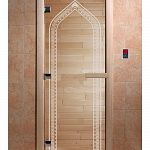 Стеклянная дверь для бани и сауны с рисунком АРКА, коробка осина, прозрачная, 8 мм, 3 петли хром, квадратные 1900х700 мм (по коробке) фото товара