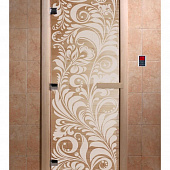 Стеклянная дверь для бани и сауны с рисунком ХОХЛОМА, коробка осина, прозрачная, 8 мм, 3 петли хром, квадратные 1800х800 мм (по коробке) фото товара