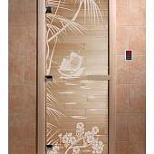 Стеклянная дверь для бани и сауны с рисунком ГОЛУБАЯ ЛАГУНА, коробка осина, прозрачная, 8 мм, 3 петли хром, квадратные 1900х800 мм (по коробке) фото товара