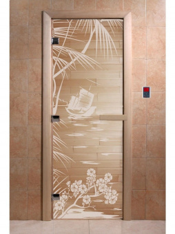 Стеклянная дверь для бани и сауны с рисунком ГОЛУБАЯ ЛАГУНА, коробка осина, прозрачная, 8 мм, 3 петли хром, квадратные 1900х800 мм (по коробке) фотография