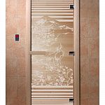 Стеклянная дверь для бани и сауны с рисунком "Япония", коробка осина, прозрачная, 8 мм, 3 петли хром, квадратные 1800х800 мм (по коробке) фото товара