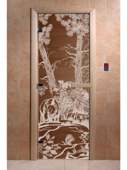 Стеклянная дверь для бани и сауны с рисунком МИШКИ, коробка осина, бронза, 8 мм, 3 петли хром, квадратные 1900х700 мм (по коробке) фотография