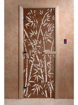 Стеклянная дверь для бани и сауны с рисунком БАМБУК И БАБОЧКИ, коробка осина, бронза, 8 мм, 3 петли хром, квадратные 1900х700 мм (по коробке) фотография