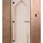 Стеклянная дверь для бани и сауны с рисунком АРКА, коробка осина, сатин, 8 мм, 3 петли хром, квадратные 1900х700 мм (по коробке) фото товара