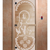 Стеклянная дверь для бани и сауны с рисунком ПОСЕЙДОН, коробка осина, прозрачная, 8 мм, 3 петли хром, квадратные 1800х800 мм (по коробке) фото товара