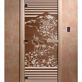 Стеклянная дверь для бани и сауны с рисунком "Япония", коробка осина, бронза, 8 мм, 3 петли хром, квадратные 1800х800 мм (по коробке) фото товара