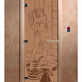 Стеклянная дверь для бани и сауны с рисунком ДЖЕНИФЕР, коробка осина, бронза матовая, 8 мм, 3 петли хром, квадратные 2000х800 мм (по коробке) фото товара