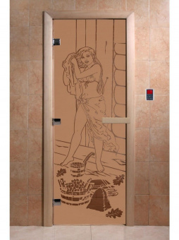 Стеклянная дверь для бани и сауны с рисунком ДЖЕНИФЕР, коробка осина, бронза матовая, 8 мм, 3 петли хром, квадратные 2000х800 мм (по коробке) фотография