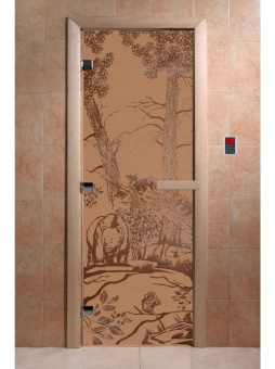 Стеклянная дверь для бани и сауны с рисунком МИШКИ, коробка осина, бронза матовая, 8 мм, 3 петли хром, квадратные 1900х800 мм (по коробке) фотография