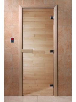 Дверь для сауны и бани стеклянная, короб ольха, прозрачная, 8 мм, 3 петли хром квадратные, 1900х800 мм фотография
