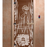 Стеклянная дверь для бани и сауны с рисунком ВОЛШЕБНЫЙ ПАР, коробка осина, бронза, 8 мм, 3 петли хром, квадратные 1900х800 мм (по коробке) фото товара