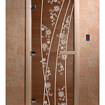 Стеклянная дверь для бани и сауны с рисунком ВЕСНА ЦВЕТЫ, коробка осина, бронза, 8 мм, 3 петли хром, квадратные 1800х800 мм (по коробке) фото товара